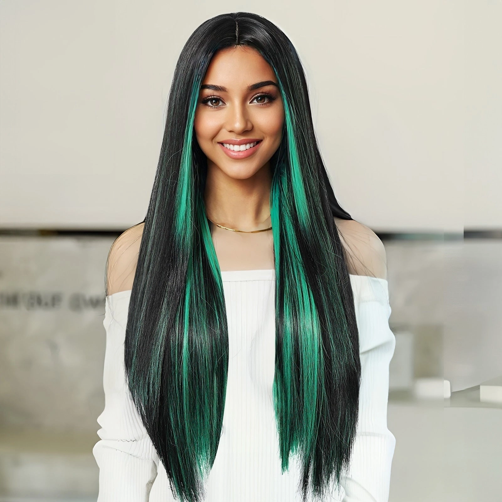 Black Wig with Emerald Green Face-Framing Highlights Wig - MARKETPLACE