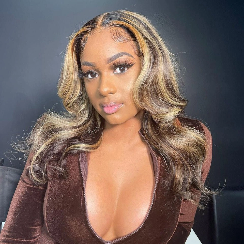 Blonde Balayage on Dark Brown Hair Body Wave Lace Front Wig Highlight HD Transparent Human Hair Wigs
