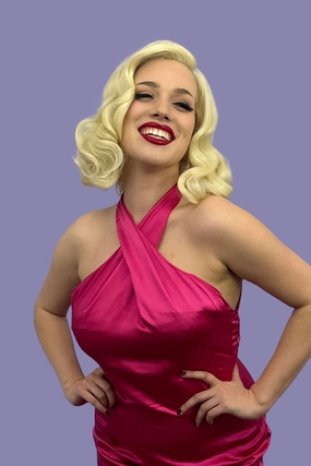 Blonde lacefront wig, pinup/vintage style, mid length with finger waves: Della