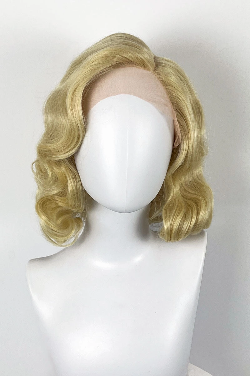 Blonde lacefront wig, pinup/vintage style, mid length with finger waves: Della