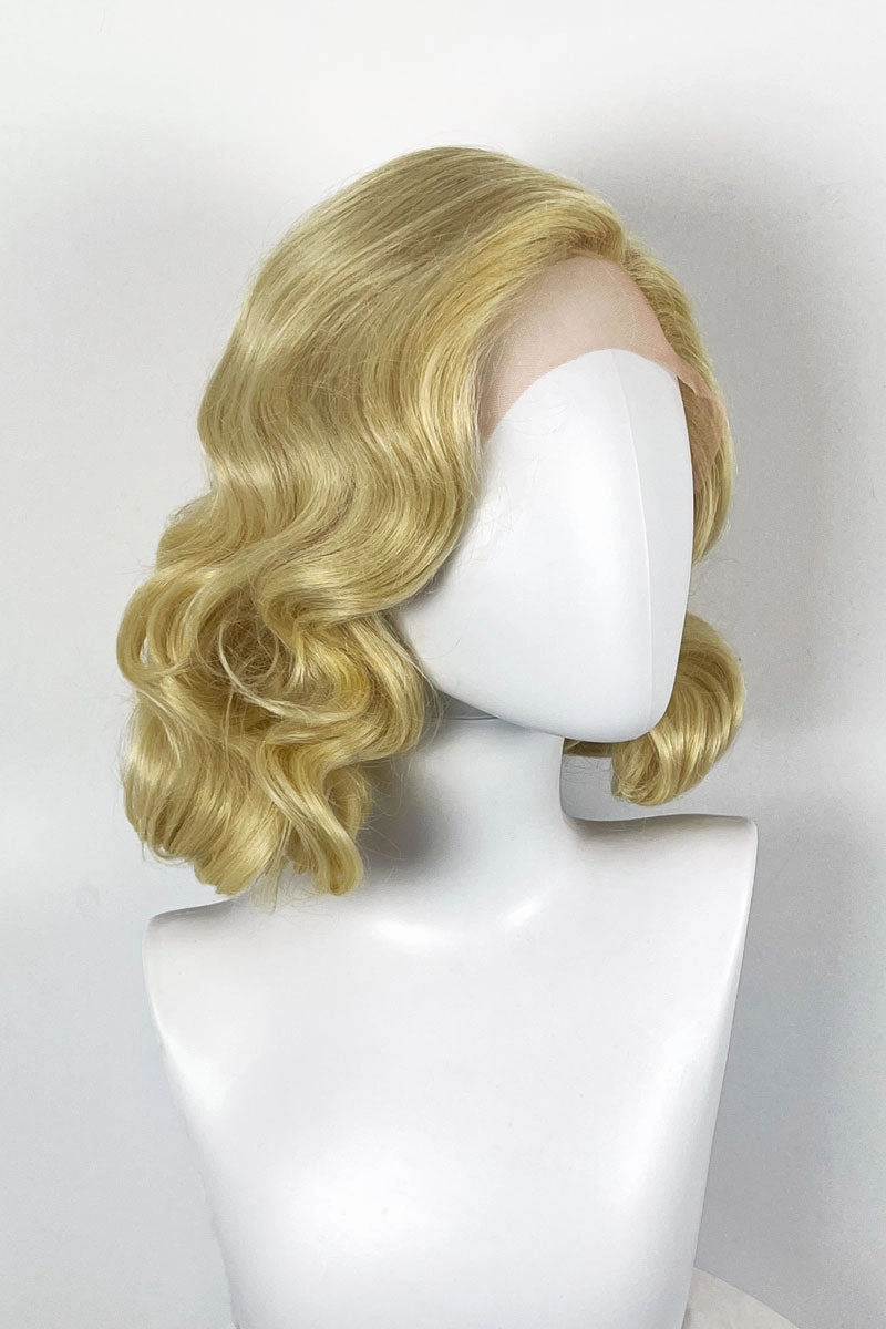 Blonde lacefront wig, pinup/vintage style, mid length with finger waves: Della
