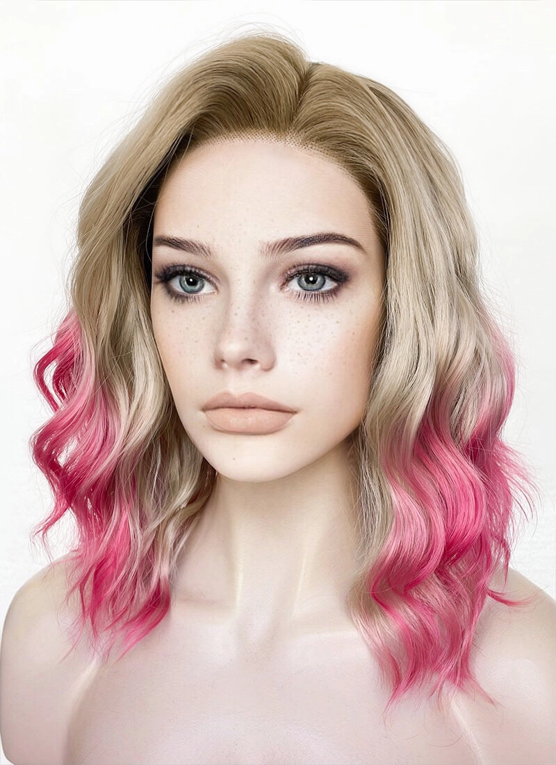 Blonde Mixed Pink With Dark Roots Wavy Lace Front Synthetic Hair Wig LFK5551