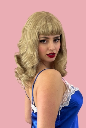 Blonde pinup wig, curled with short fringe, 1950s style: Cora