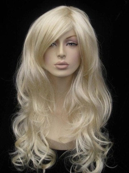 Blonde wig with big loose curls and sweeping fringe, extra long: Carly