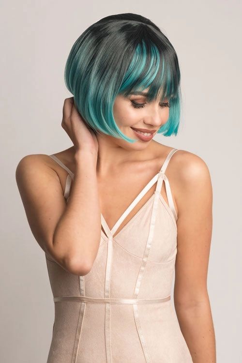 Bob wig, black ombre blending to turquoise blue: Amara