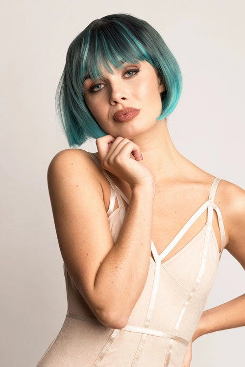 Bob wig, black ombre blending to turquoise blue: Amara