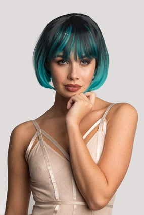 Bob wig, black ombre blending to turquoise blue: Amara
