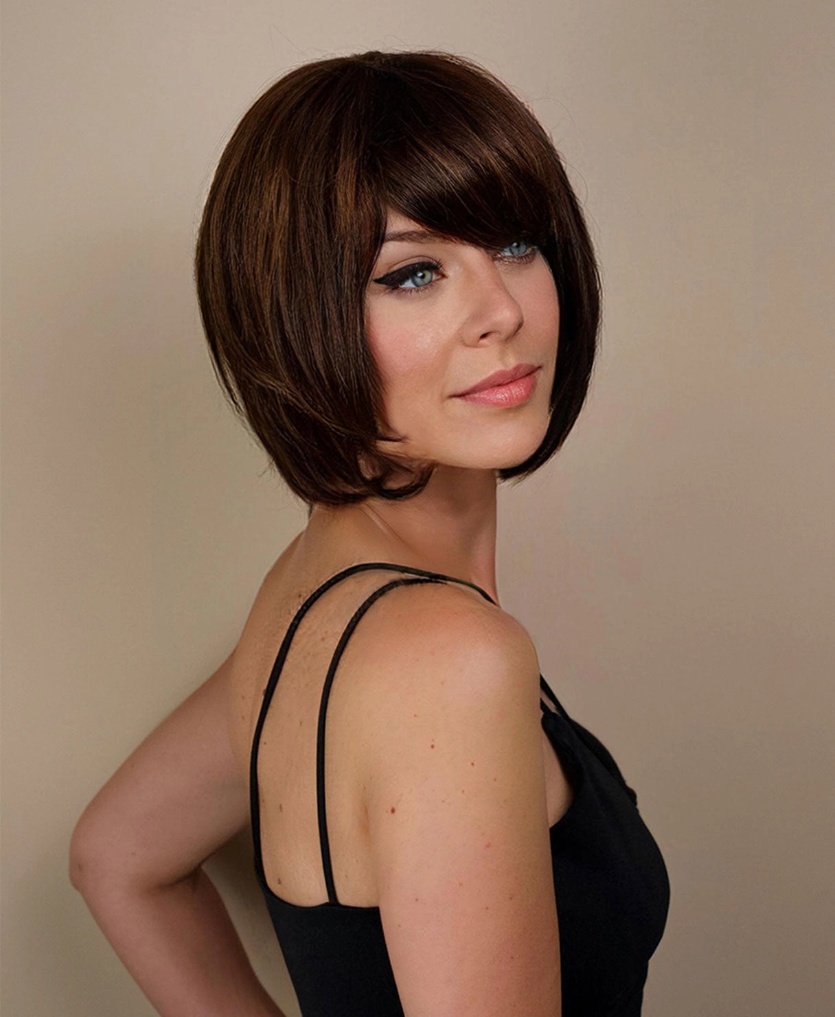 bob with side bangs - 10" brown highlights.