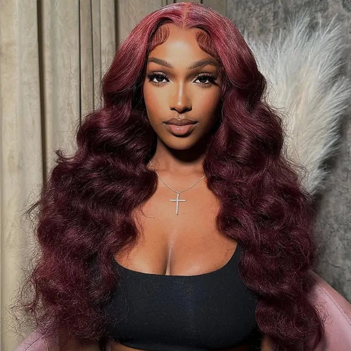 Body Wave 99J Lace Front Wig 13x4 Burgundy Colored Glueless Wigs Pre Plecked -Geeta Hair