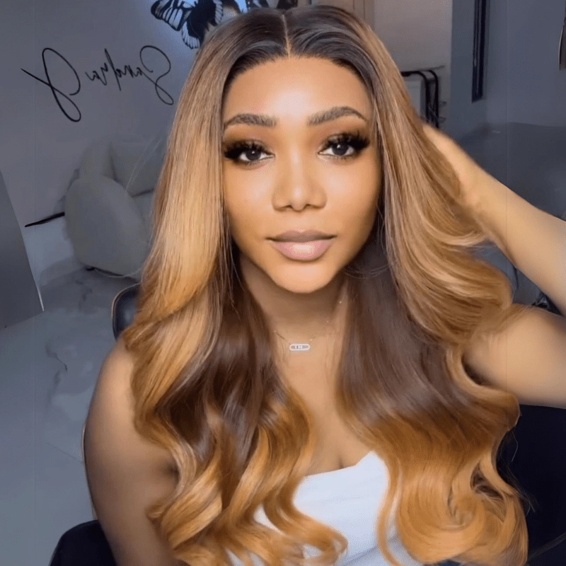 Body Wave Brown Blonde Lace Front Wigs With Black Root 13x4 HD Lace Wig 180% Density