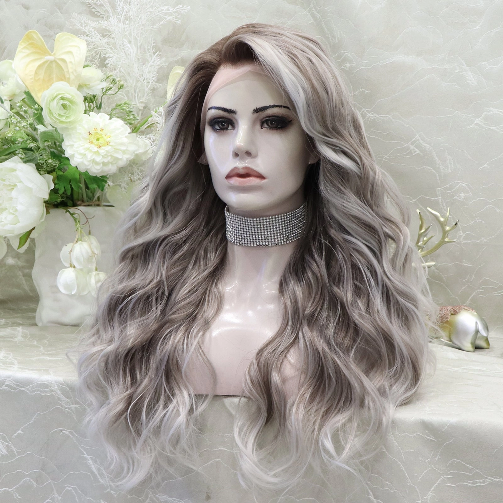 Brenda Collection-Elena-New Ash Blonde with soft rooting Curly 26inches 13*4 Free Parting lace Front wig