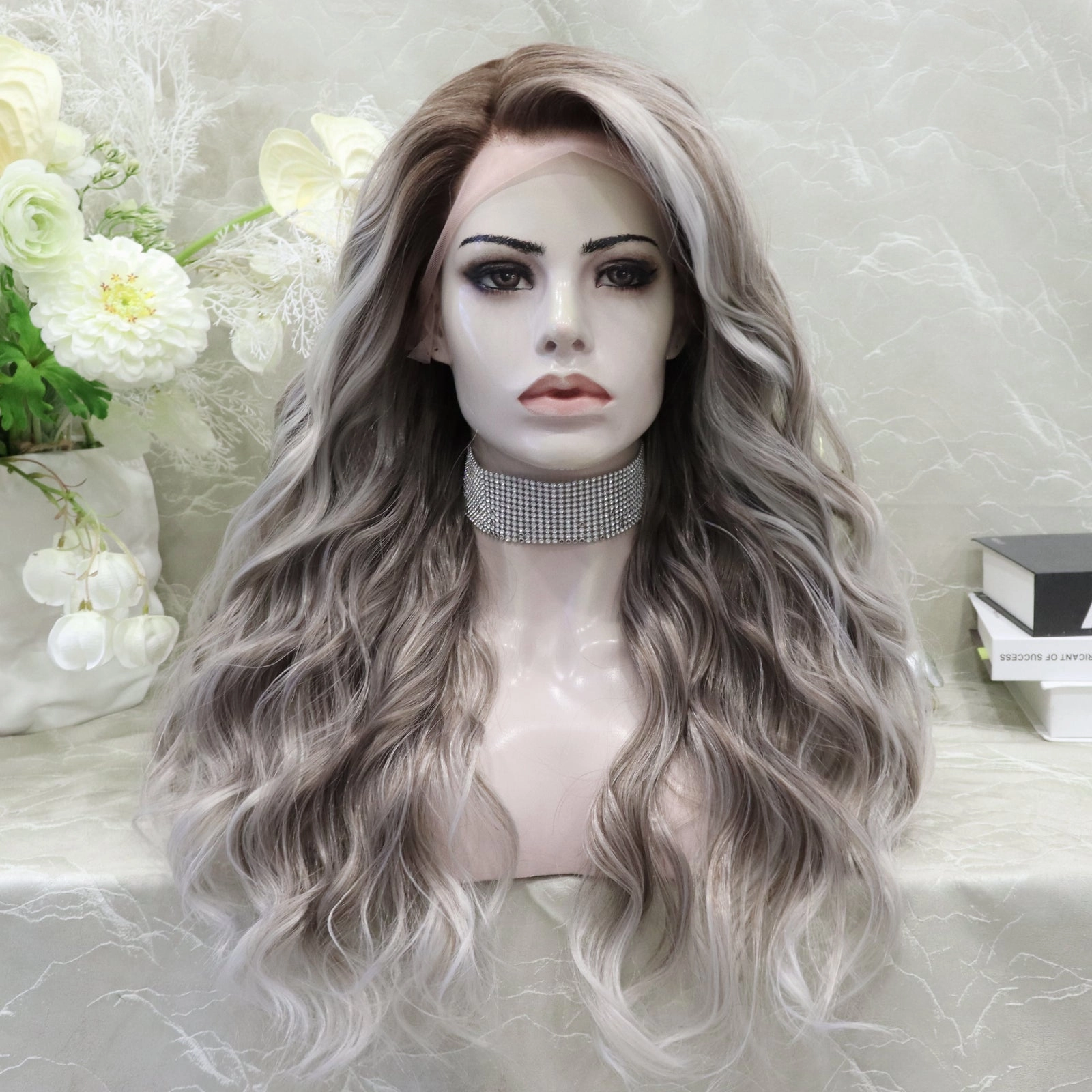 Brenda Collection-Elena-New Ash Blonde with soft rooting Curly 26inches 13*4 Free Parting lace Front wig
