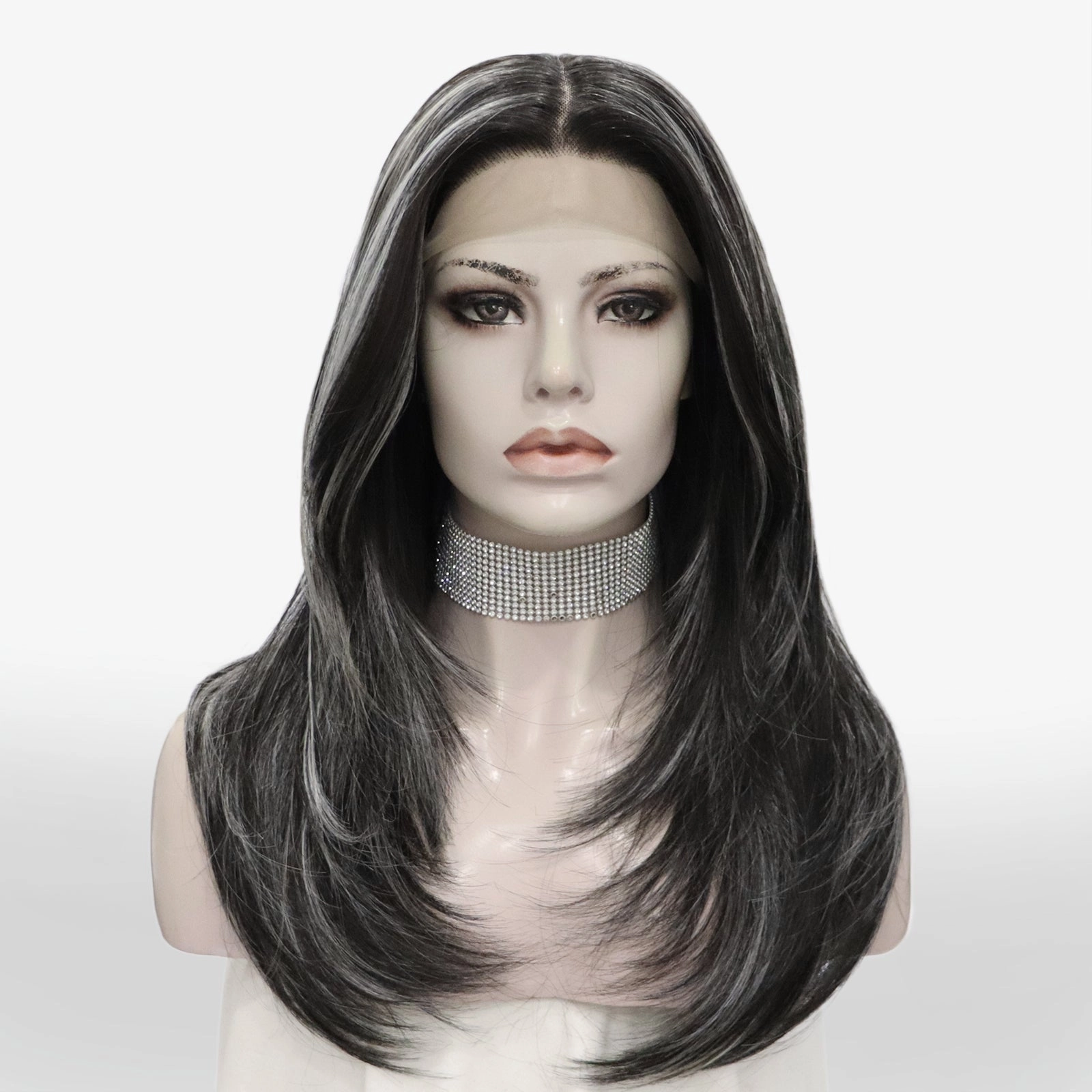 Brenda Collection-Yvonne black with Highlight layers cut salt and pepper style lace Front wig