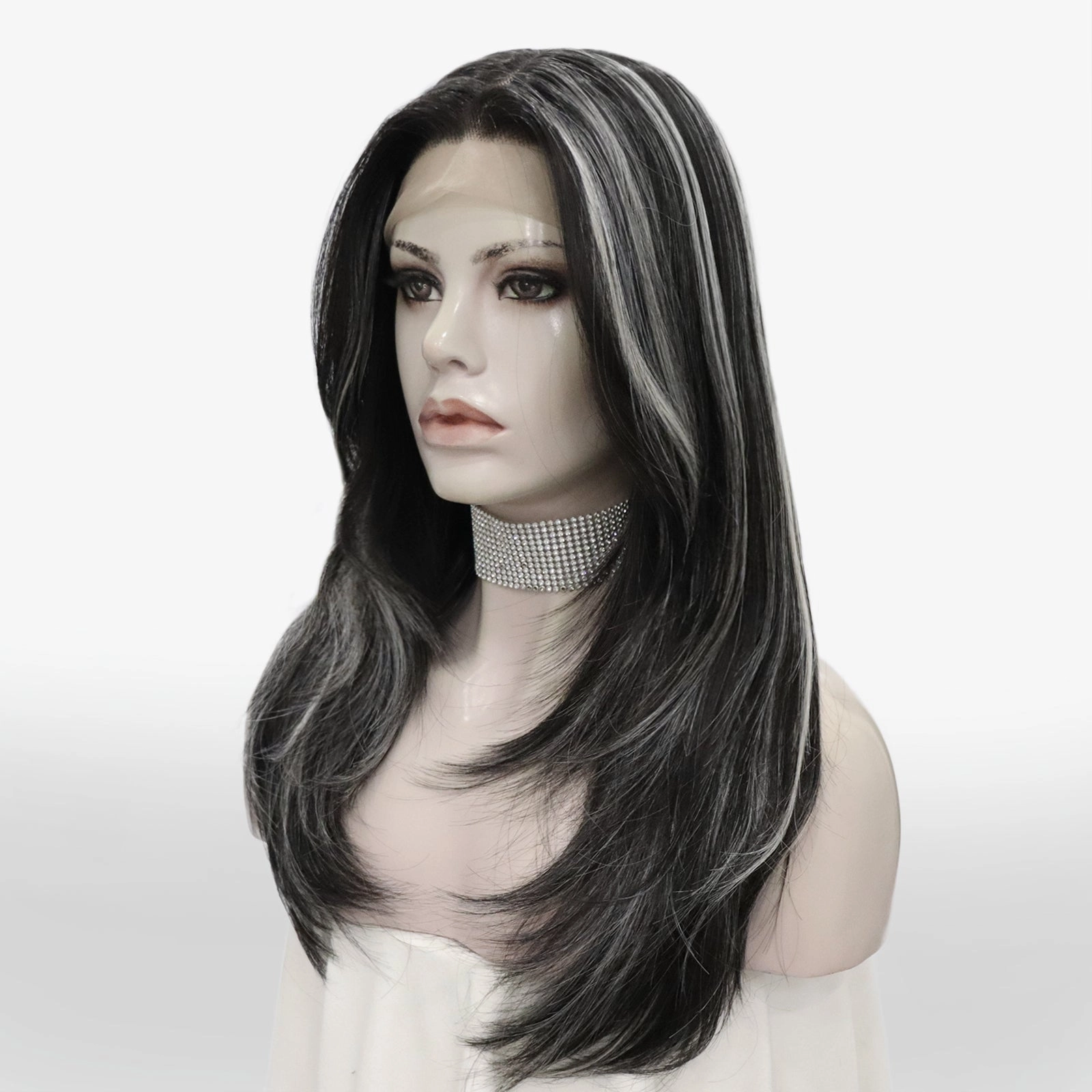 Brenda Collection-Yvonne black with Highlight layers cut salt and pepper style lace Front wig