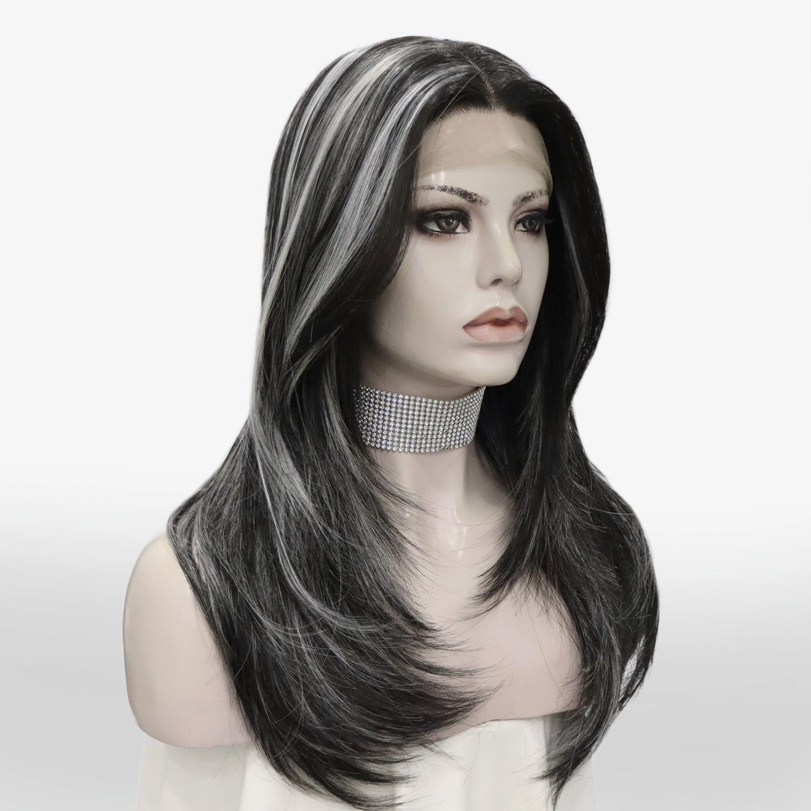 Brenda Collection-Yvonne black with Highlight layers cut salt and pepper style lace Front wig