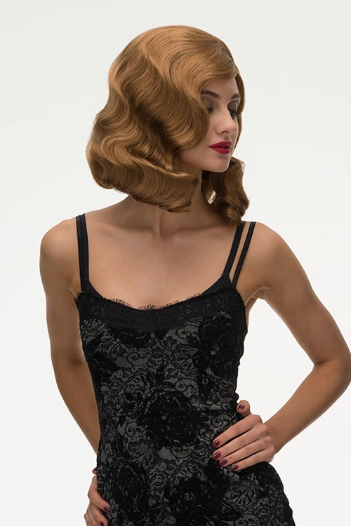 Brown 1940s pinup style wig, with finger waves: Honey