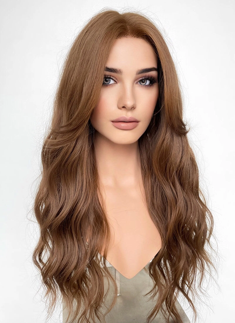 Brown Curtain Bangs Wavy Lace Front Synthetic Wig LF3294