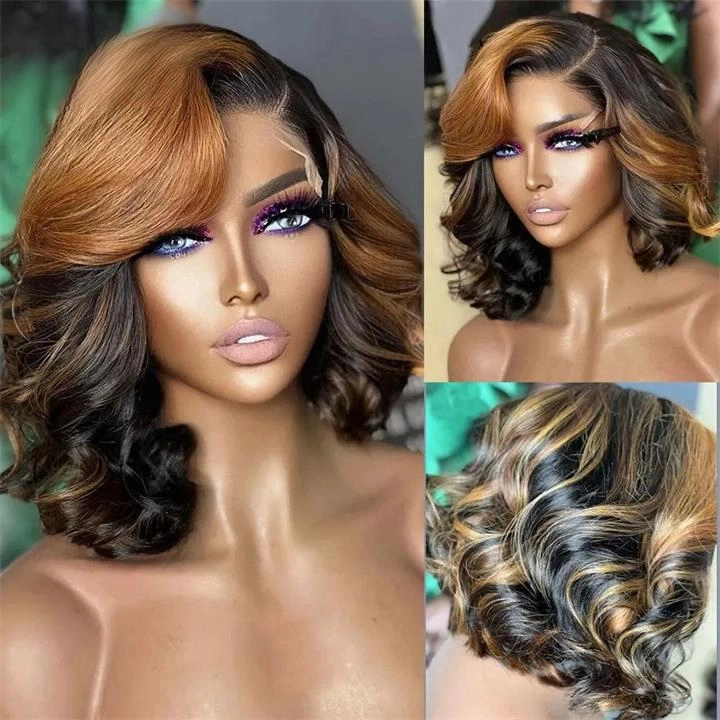 Brown Highlight Bob Wig Short Human Hair Body Wave Lace Front Wigs for Women Colored Bob Wig