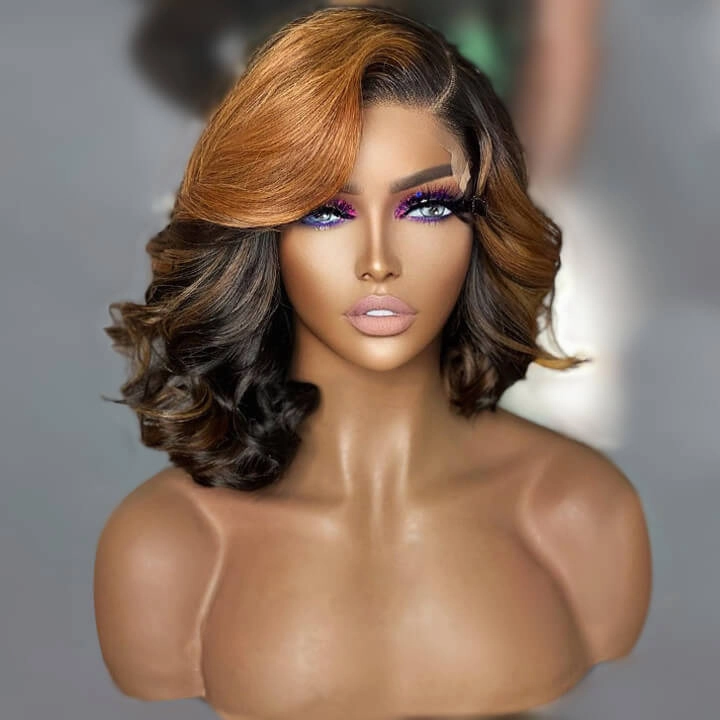Brown Highlight Bob Wig Short Human Hair Body Wave Lace Front Wigs for Women Colored Bob Wig