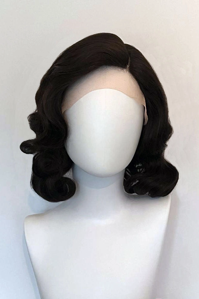 Brown lacefront wig, pinup/vintage style, mid length with finger waves: Agatha