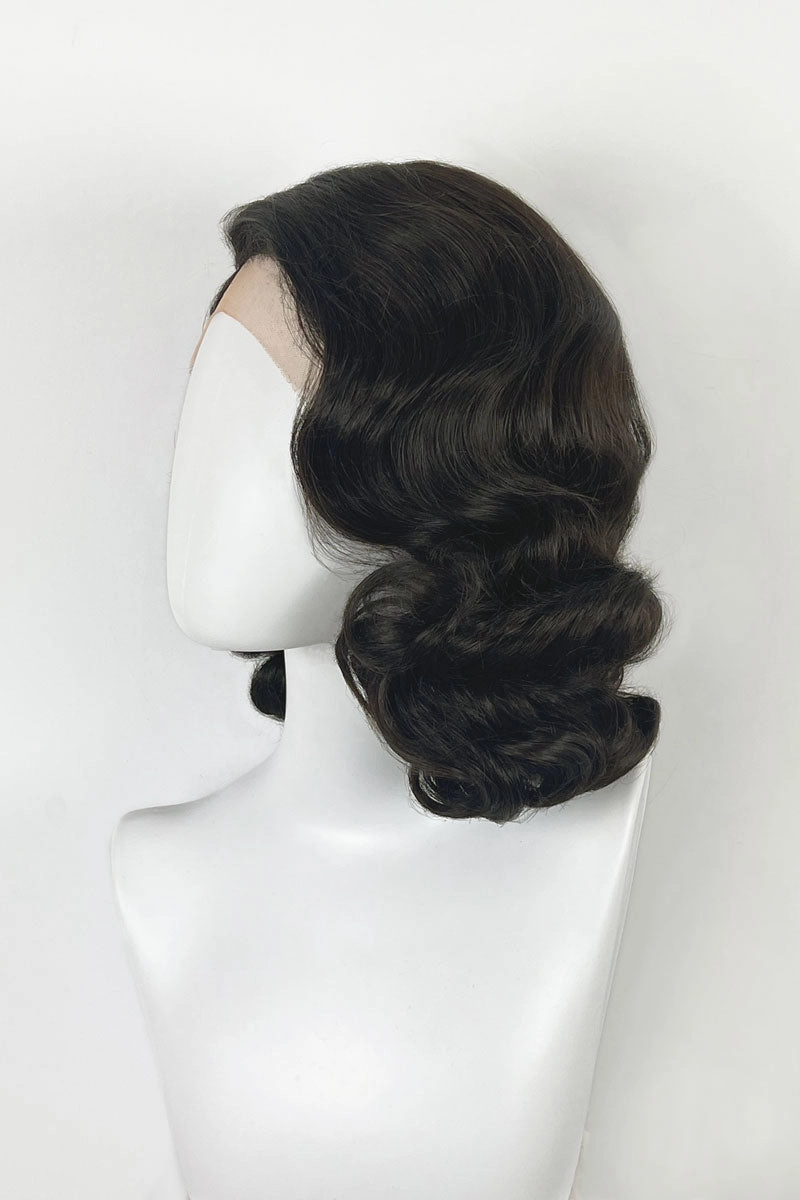 Brown lacefront wig, pinup/vintage style, mid length with finger waves: Hattie