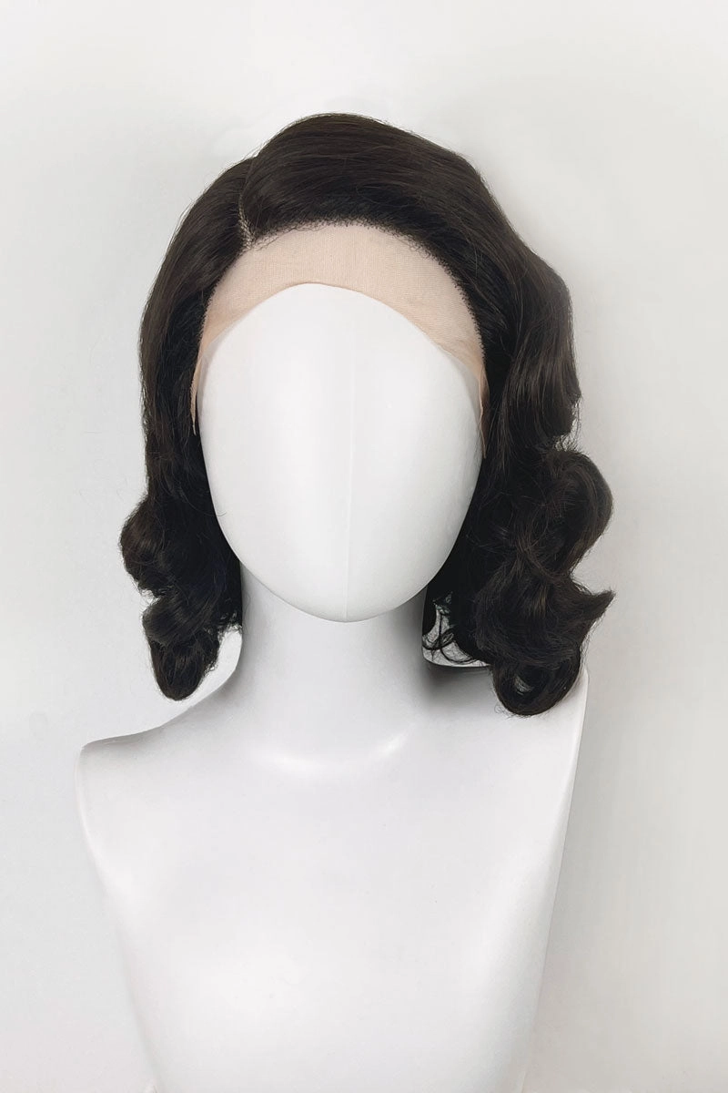 Brown lacefront wig, pinup/vintage style, mid length with finger waves: Hattie