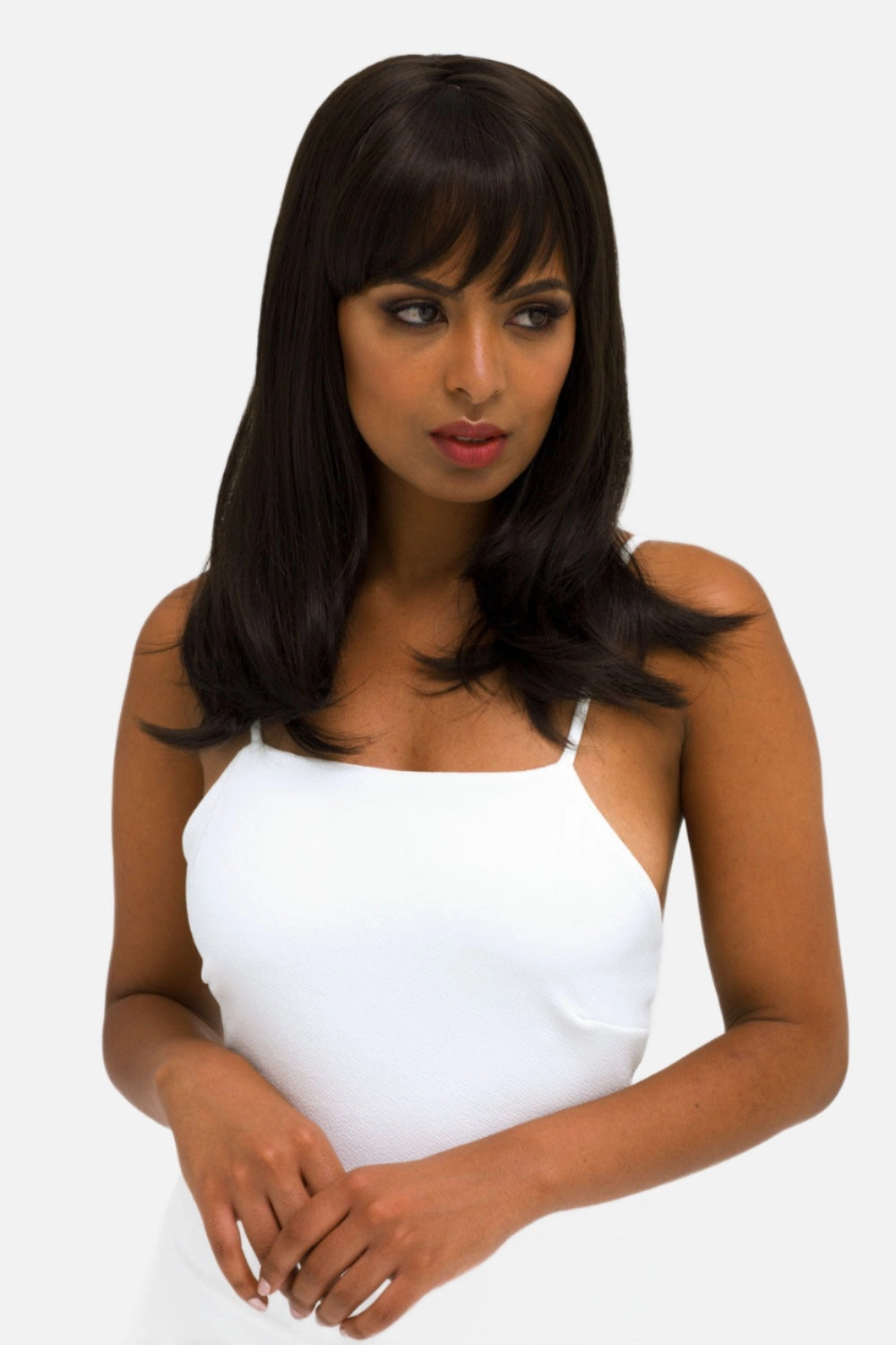 Brown long bob wig, layered with straight fringe: Katia