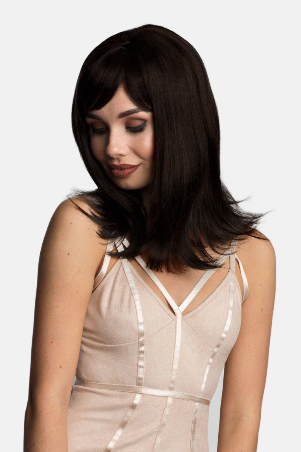 Brown long bob wig, layered with straight fringe: Katia