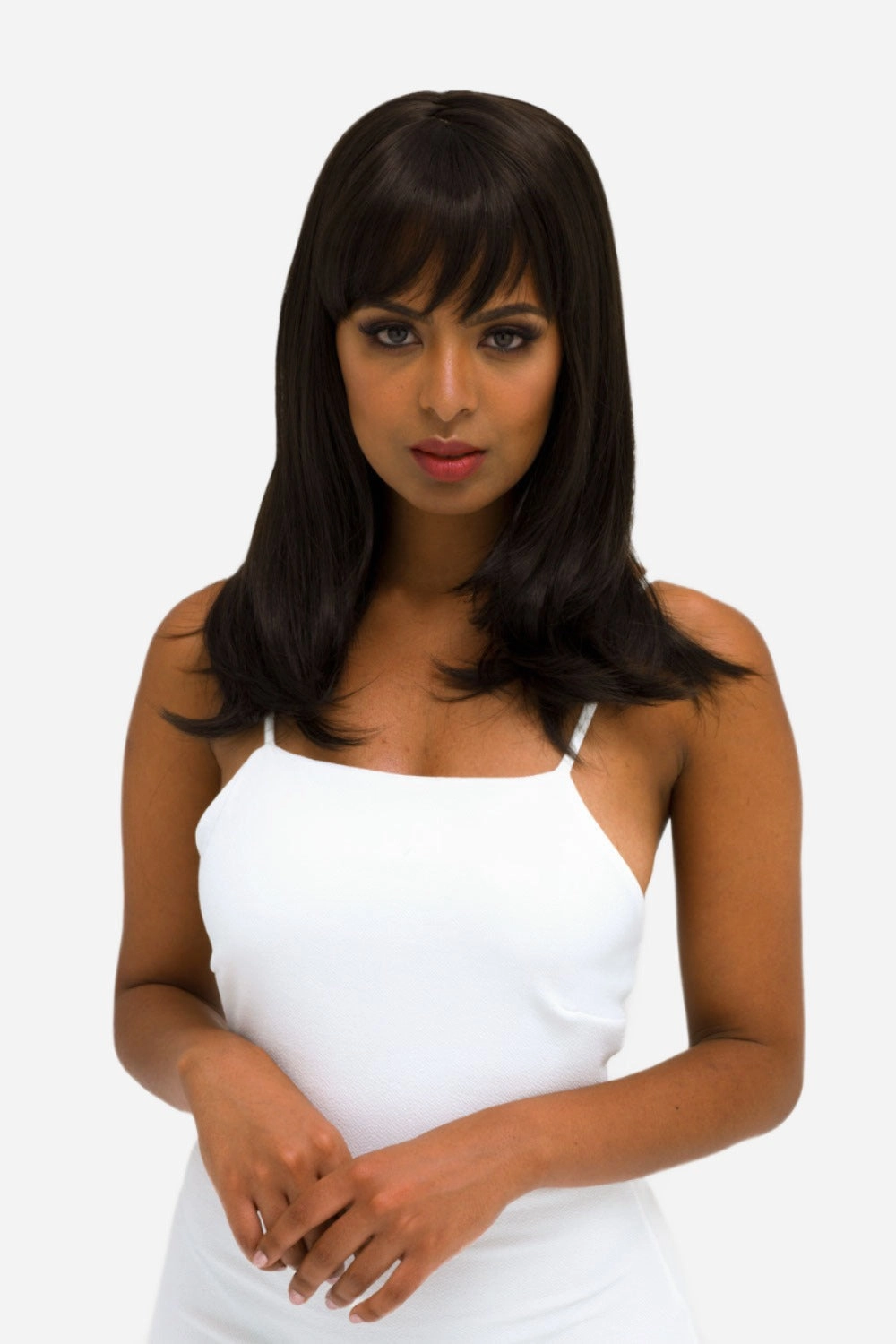 Brown long bob wig, layered with straight fringe: Katia