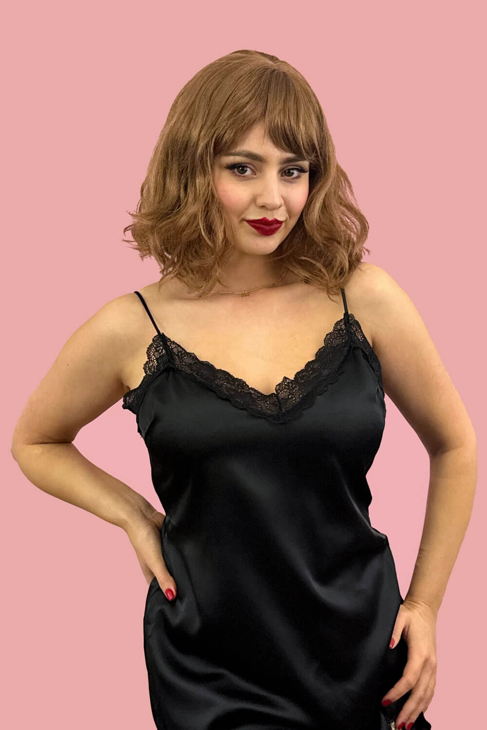 Brown long wavy bob (lob) wig with swept fringe: Clover