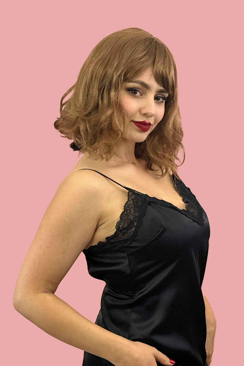 Brown long wavy bob (lob) wig with swept fringe: Clover