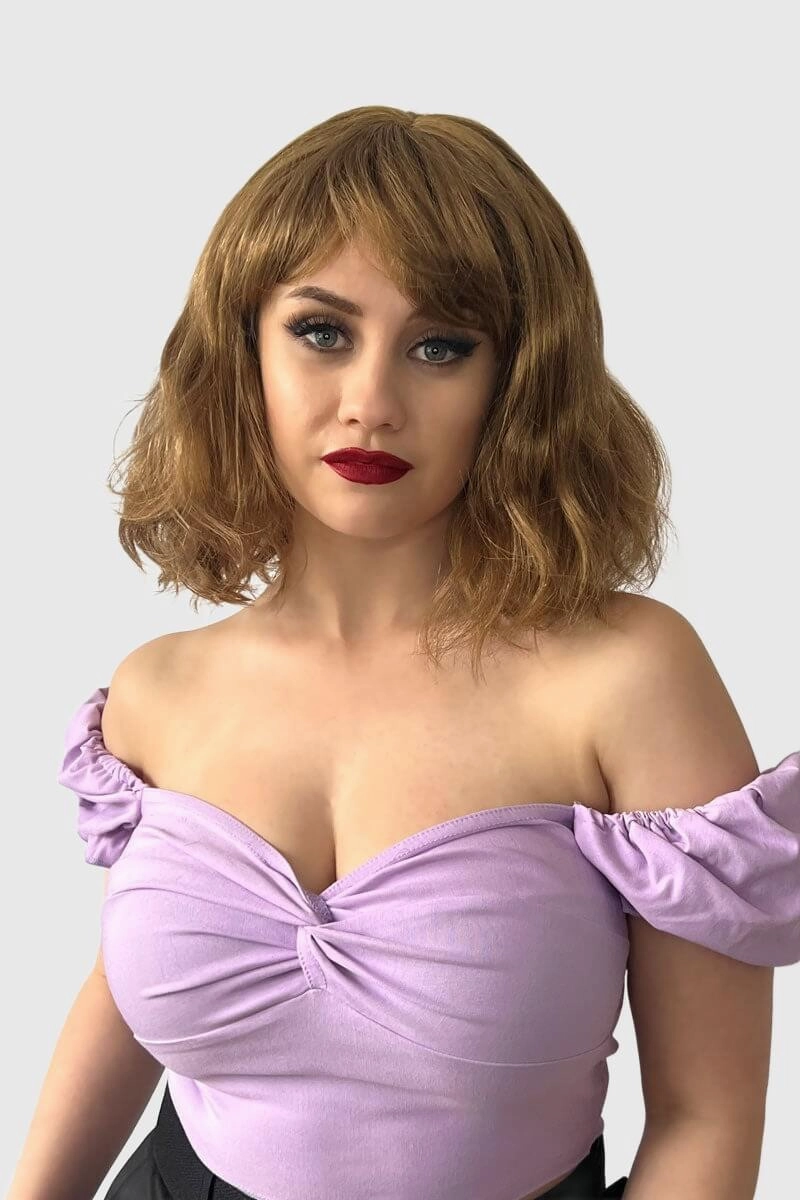 Brown long wavy bob (lob) wig with swept fringe: Clover