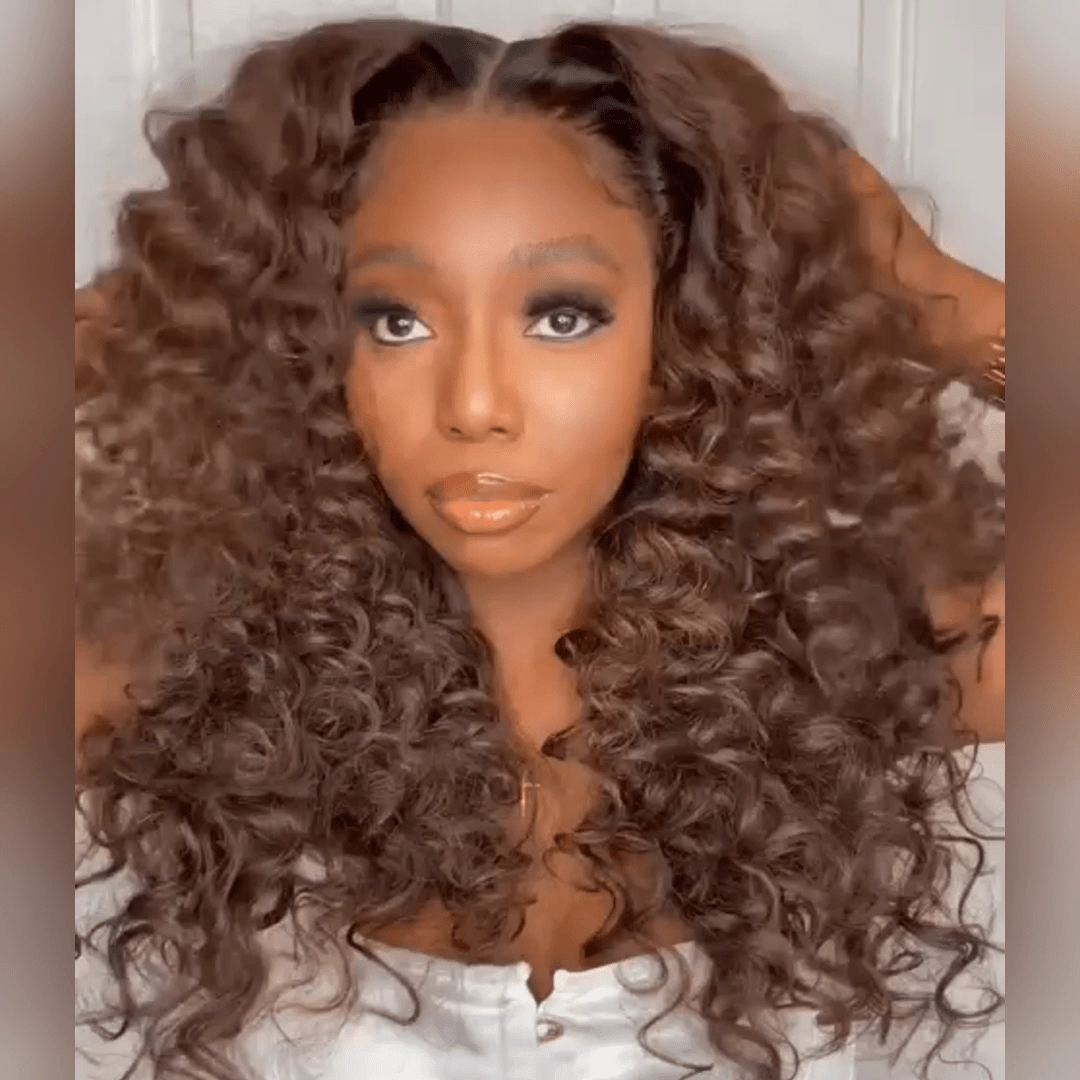 Brown With Black Roots Deep Curly Lace Front Wig Ombre #4 Brown Curly Human Hair Wigs