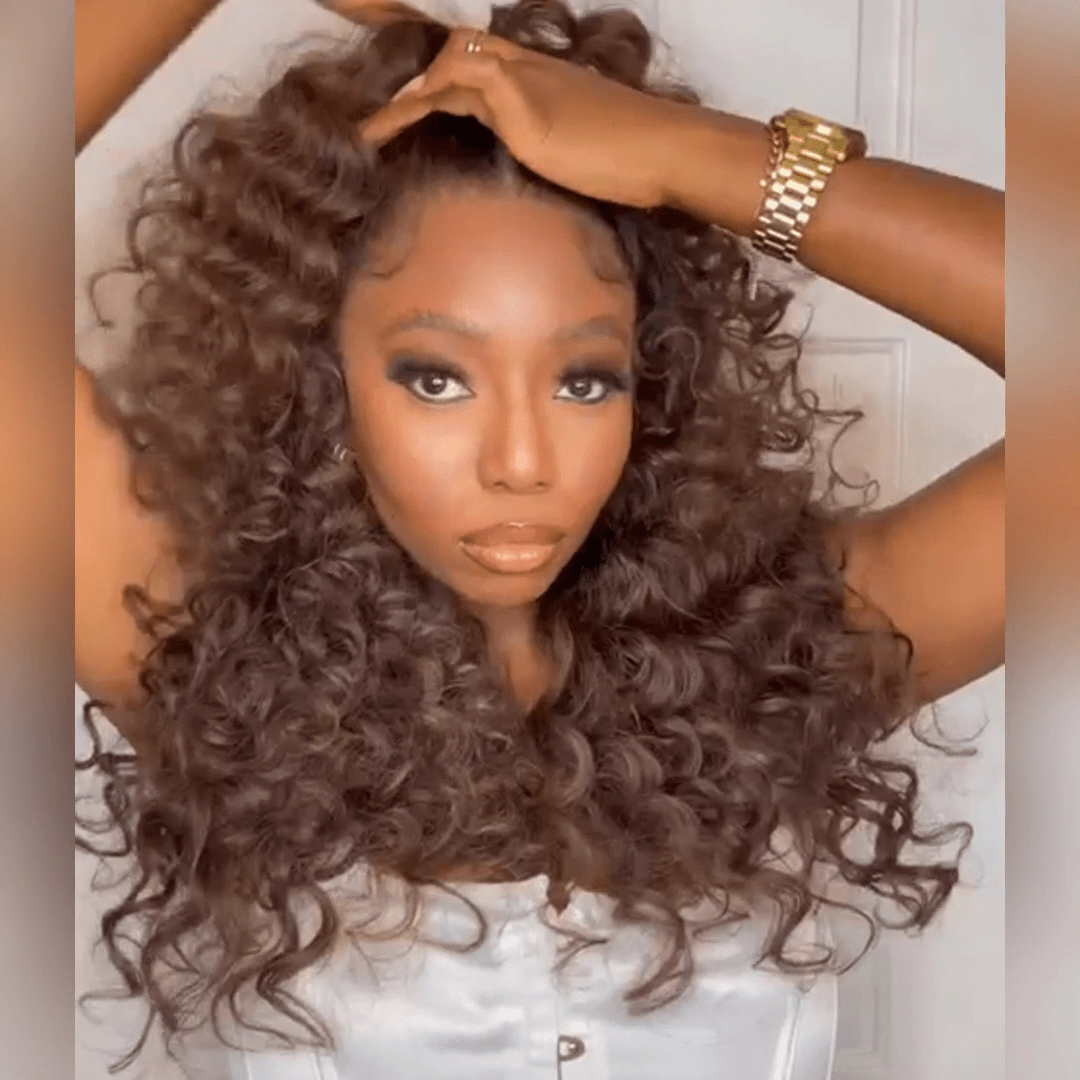 Brown With Black Roots Deep Curly Lace Front Wig Ombre #4 Brown Curly Human Hair Wigs