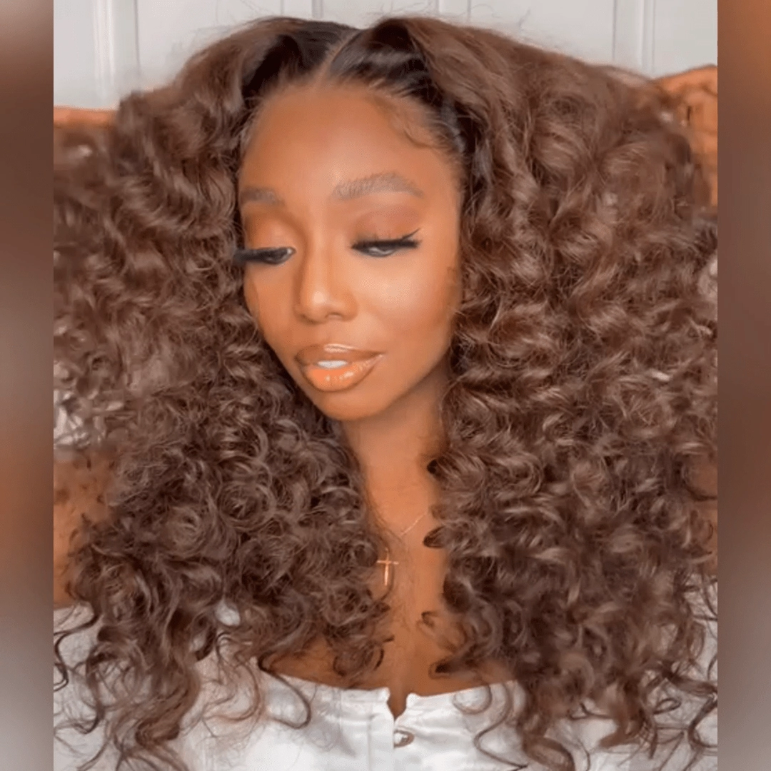 Brown With Black Roots Deep Curly Lace Front Wig Ombre #4 Brown Curly Human Hair Wigs