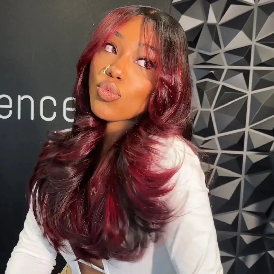Burgundy Highlight Colored Glueless Wigs Body Wave 13x4 Transparent Lace Front Wig Pre Plucked