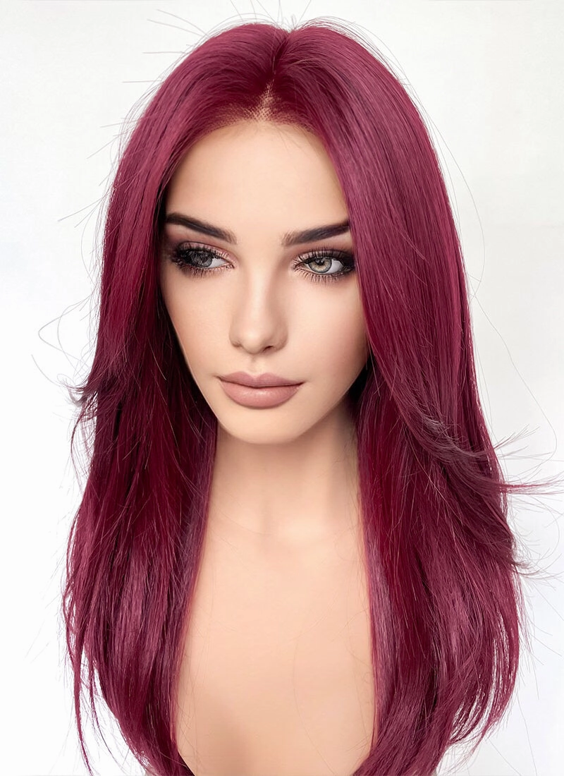 Burgundy Red Curtain Bangs Straight Lace Front Synthetic Hair Wig LF3328