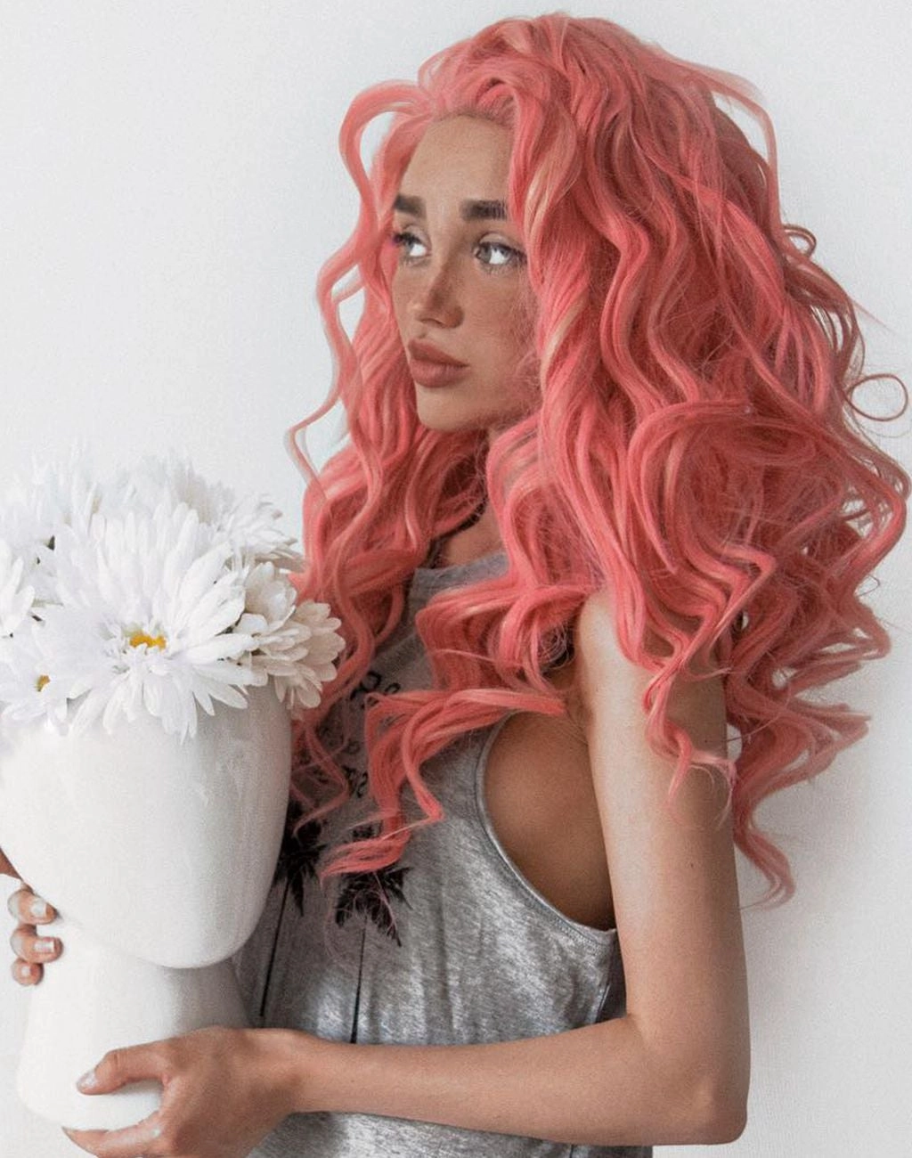 Charlotte - Pink With Blonde Highlight Long Spiral Curl Synthetic Lace Front Wig