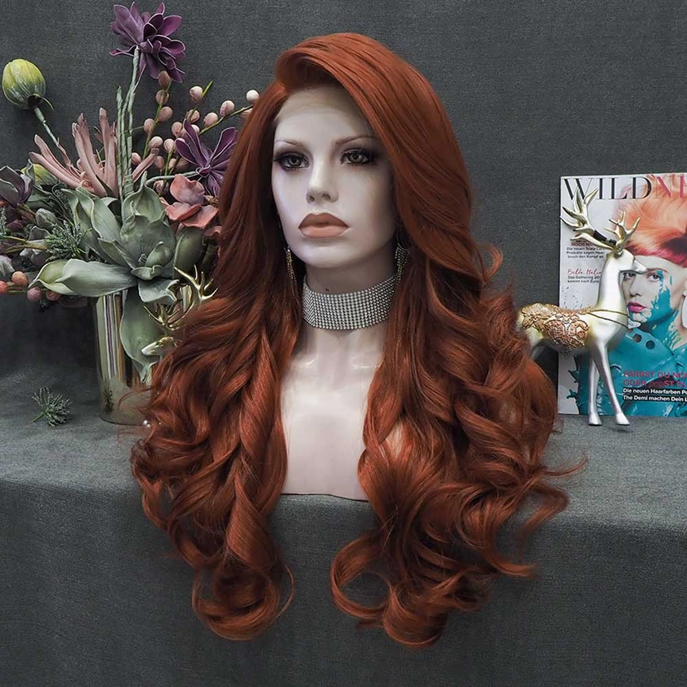Cherry- Auburn Red Long Wavy Synthetic Lace Front Wig Imstyle