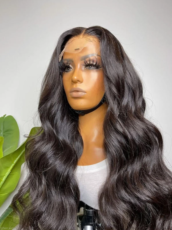 Chinalacewig Black Color 55 HD Lace Virgin Human Hair Body Wave Wig With Pre Plucked NCF90