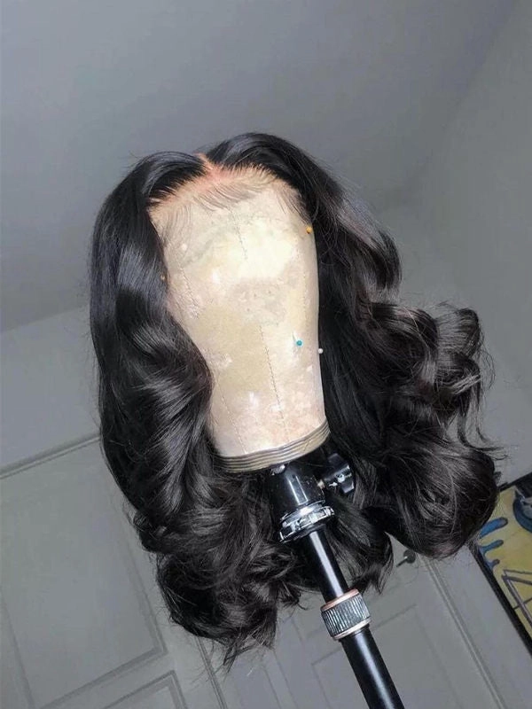 Chinalacewig Black Color Virgin Human Hair Wavy Bob HD Lace Front Wigs For Women NCF107