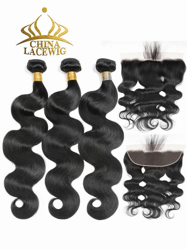 Chinalacewig Brazilian Hair Bundles With 13*4 HD Frontal 100% Human Hair Body Wave Weave CF411