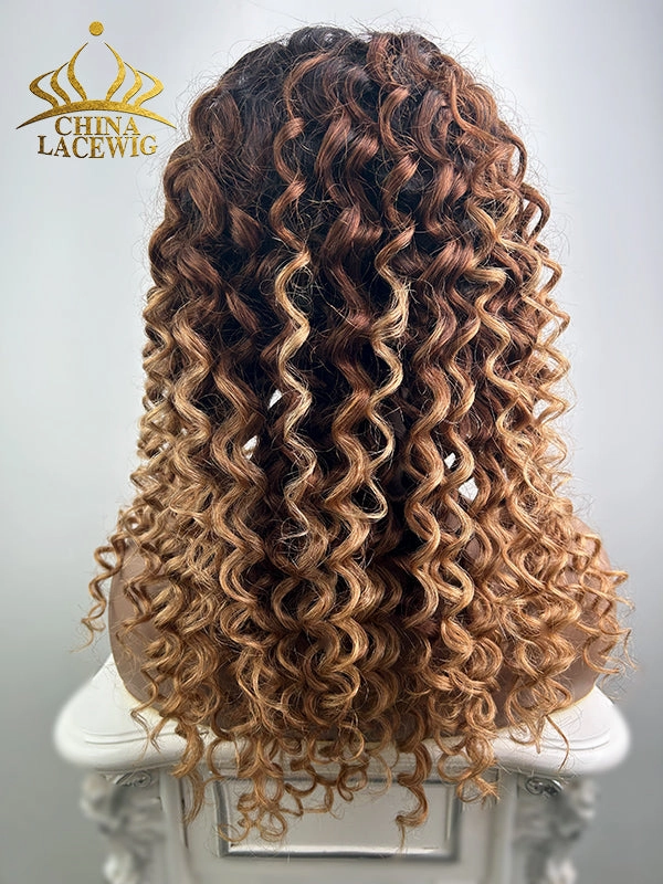 Chinalacewig Glueless Human Hair Lace Front Wig Blonde Ombre Color Deep Curly Wigs NCF990
