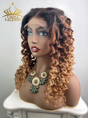 Chinalacewig Glueless Human Hair Lace Front Wig Blonde Ombre Color Deep Curly Wigs NCF990
