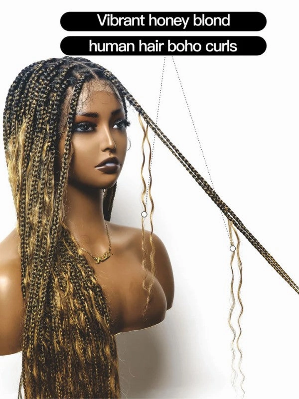 Chinalacewig Tangleless Human Hair Boho Curls  HD Lace Knotless Box Braided Wig CB05