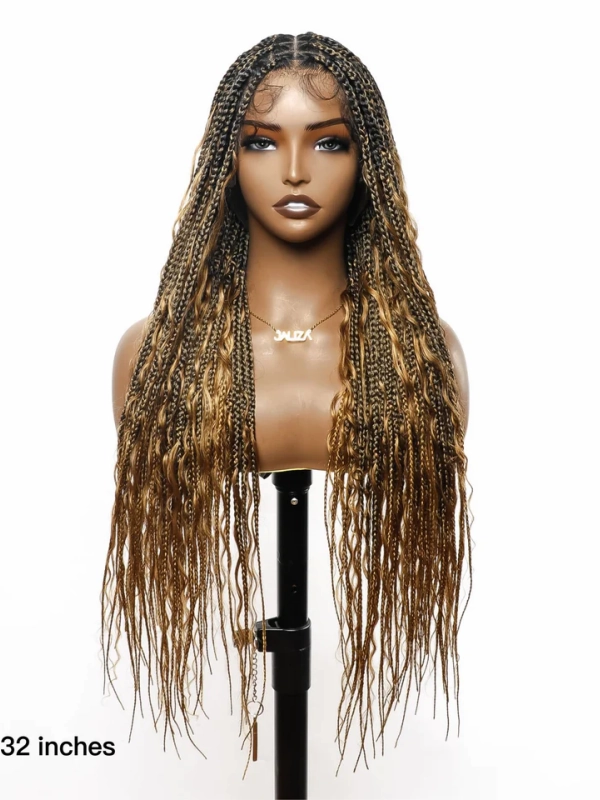 Chinalacewig Tangleless Human Hair Boho Curls  HD Lace Knotless Box Braided Wig CB05