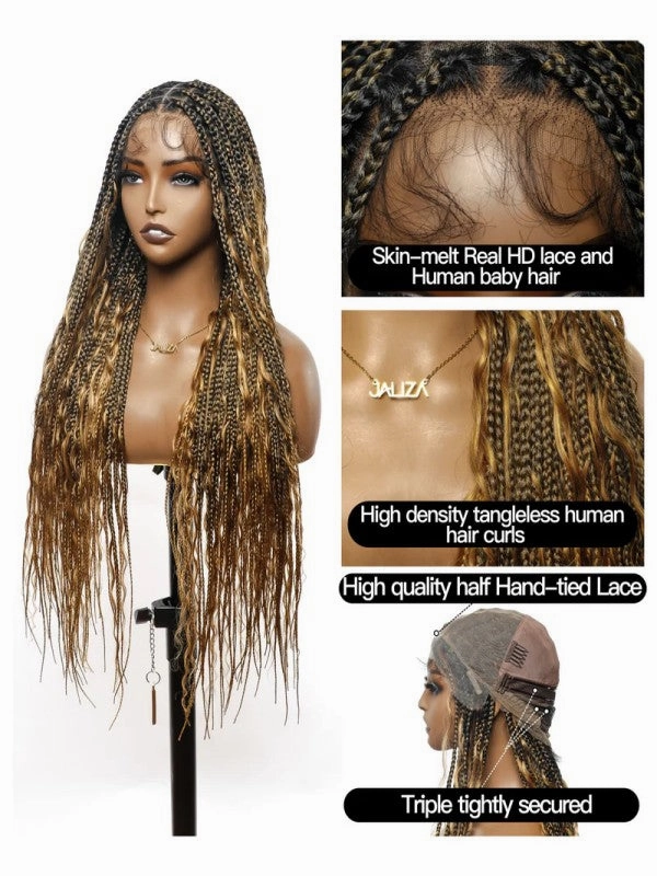 Chinalacewig Tangleless Human Hair Boho Curls  HD Lace Knotless Box Braided Wig CB05