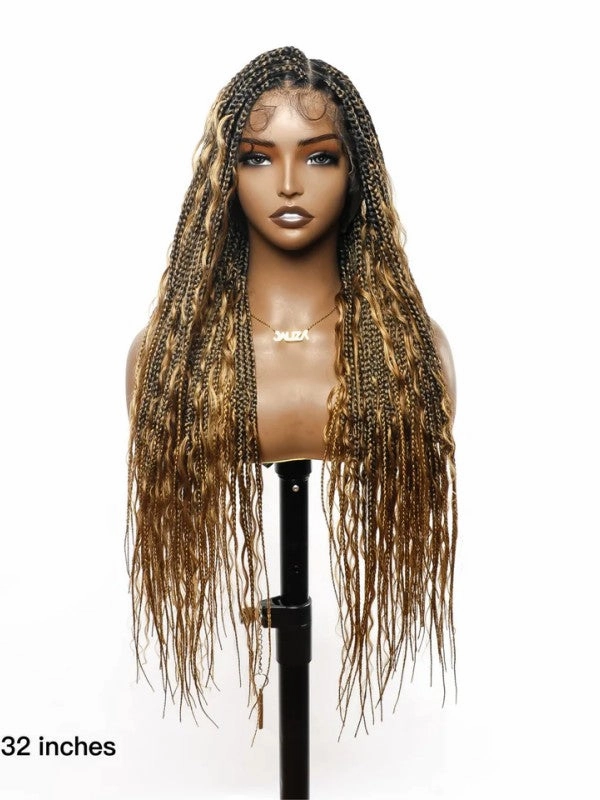 Chinalacewig Tangleless Human Hair Boho Curls  HD Lace Knotless Box Braided Wig CB05