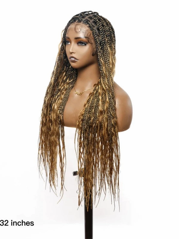Chinalacewig Tangleless Human Hair Boho Curls  HD Lace Knotless Box Braided Wig CB05