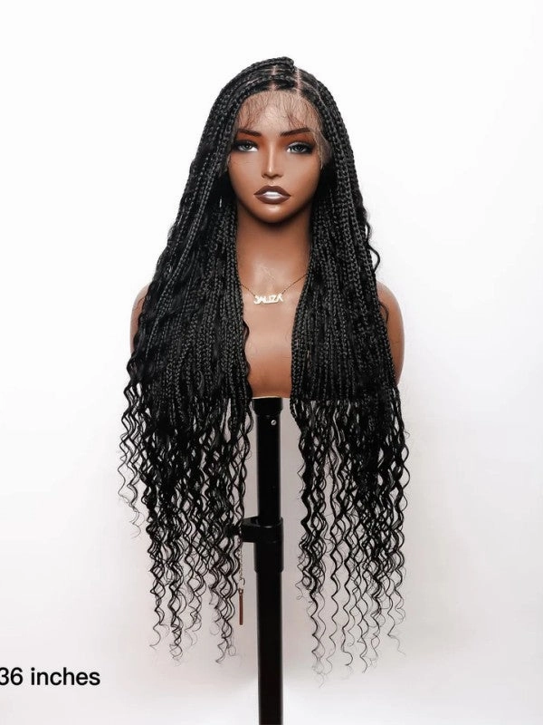 Chinalacewig Tangleless Knotless Boho Box Braided Wig Human Hair Boho Curls HD Full Lace Wig